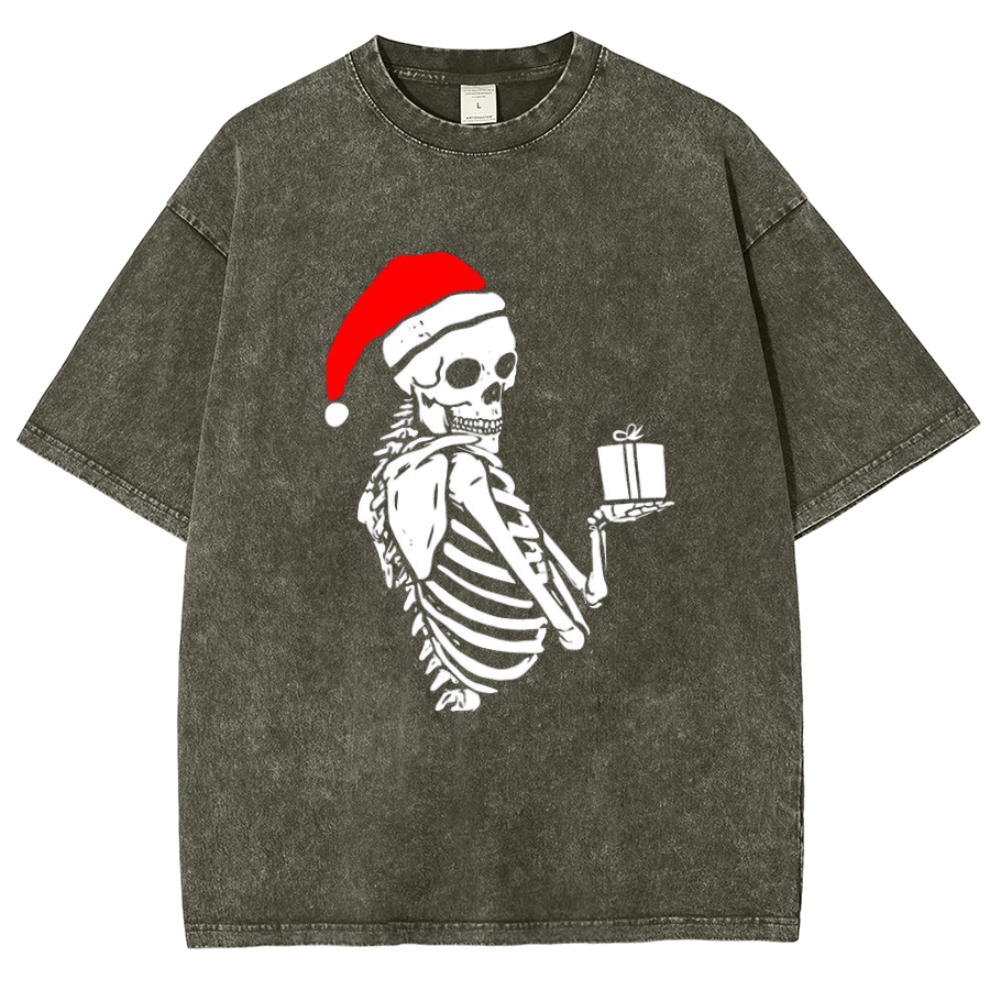 Muchic Christmas Skeleton Unisex Oversized Print Vintage Wash Denim T-Shirt