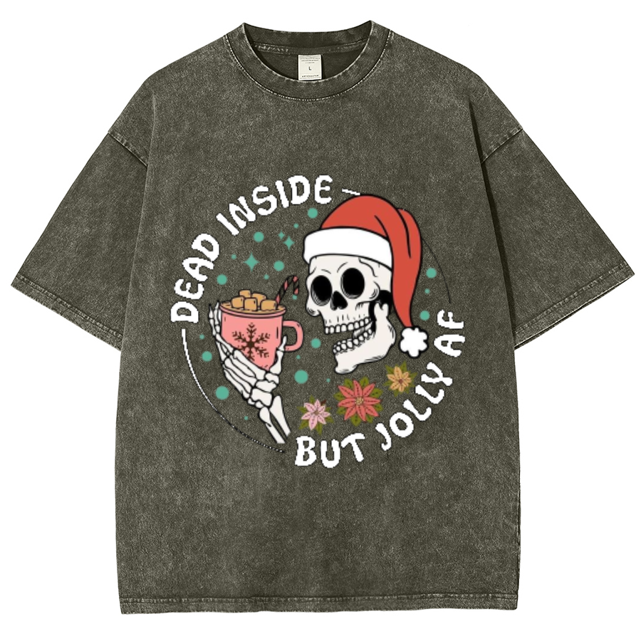 Muchic Dead Inside But Jolly Af Unisex Oversized Print Vintage Wash Denim T-Shirt