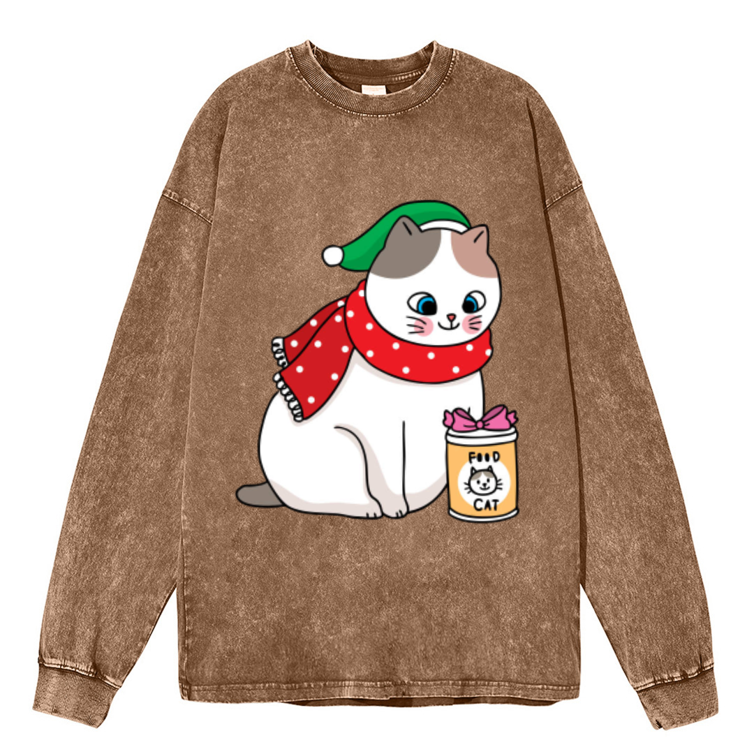 Muchic Cat Food Unisex Casual Washed Printed Round Neck Long Sleeve T-shirt