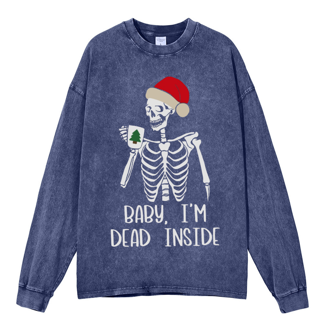 Muchic Dead Inside Unisex Casual Washed Printed Round Neck Long Sleeve T-shirt