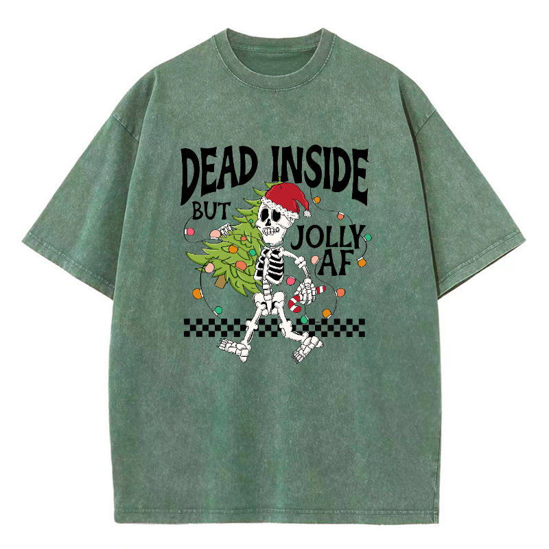 Muchic Unisex Dead Inside But Jolly Af Fun Skeleton Christmas Tree Printed Retro Washed Short Sleeved T-Shirt