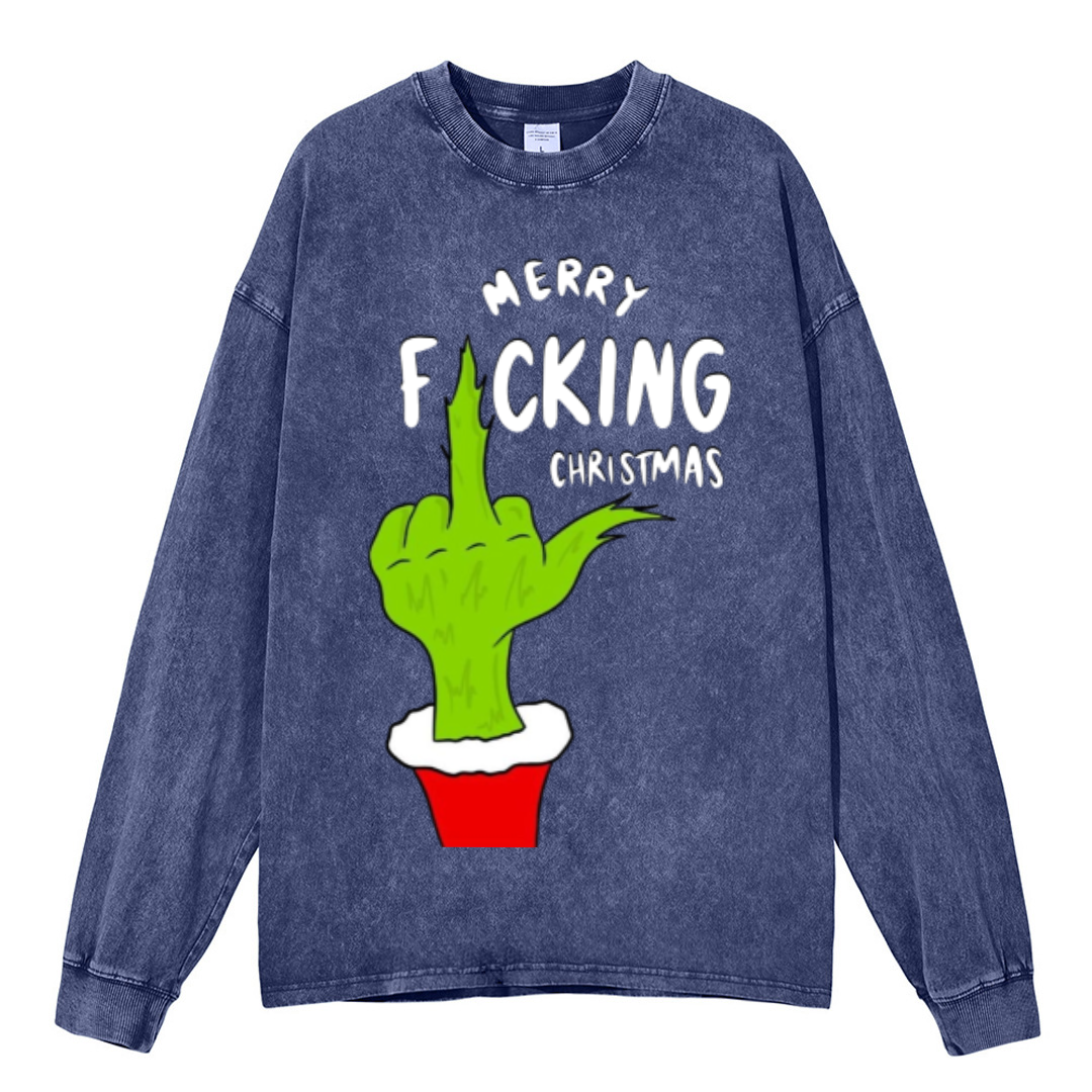 Muchic Merry Fucking Christmas Unisex Casual Washed Printed Round Neck Long Sleeve T-shirt