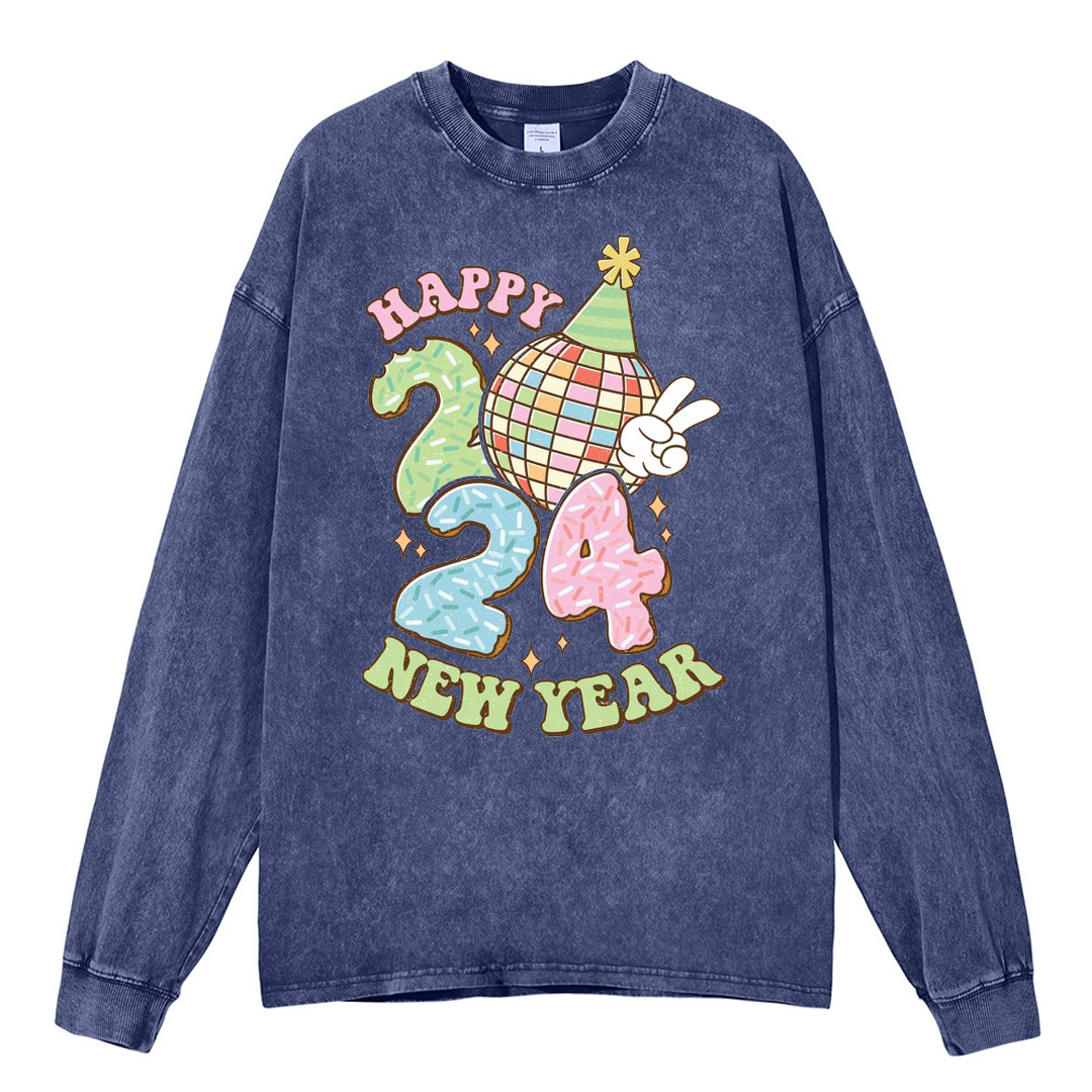 Muchic Unisex Casual Washed Happy New Year Printed Round Neck Long Sleeve T-shirt