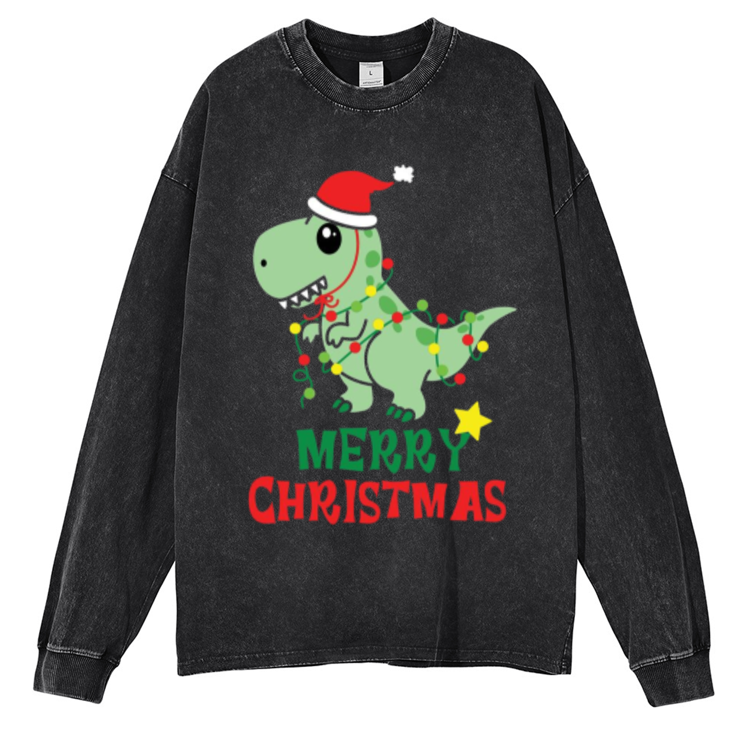 Muchic Merry Christmas Unisex Casual Washed Printed Round Neck Long Sleeve T-shirt