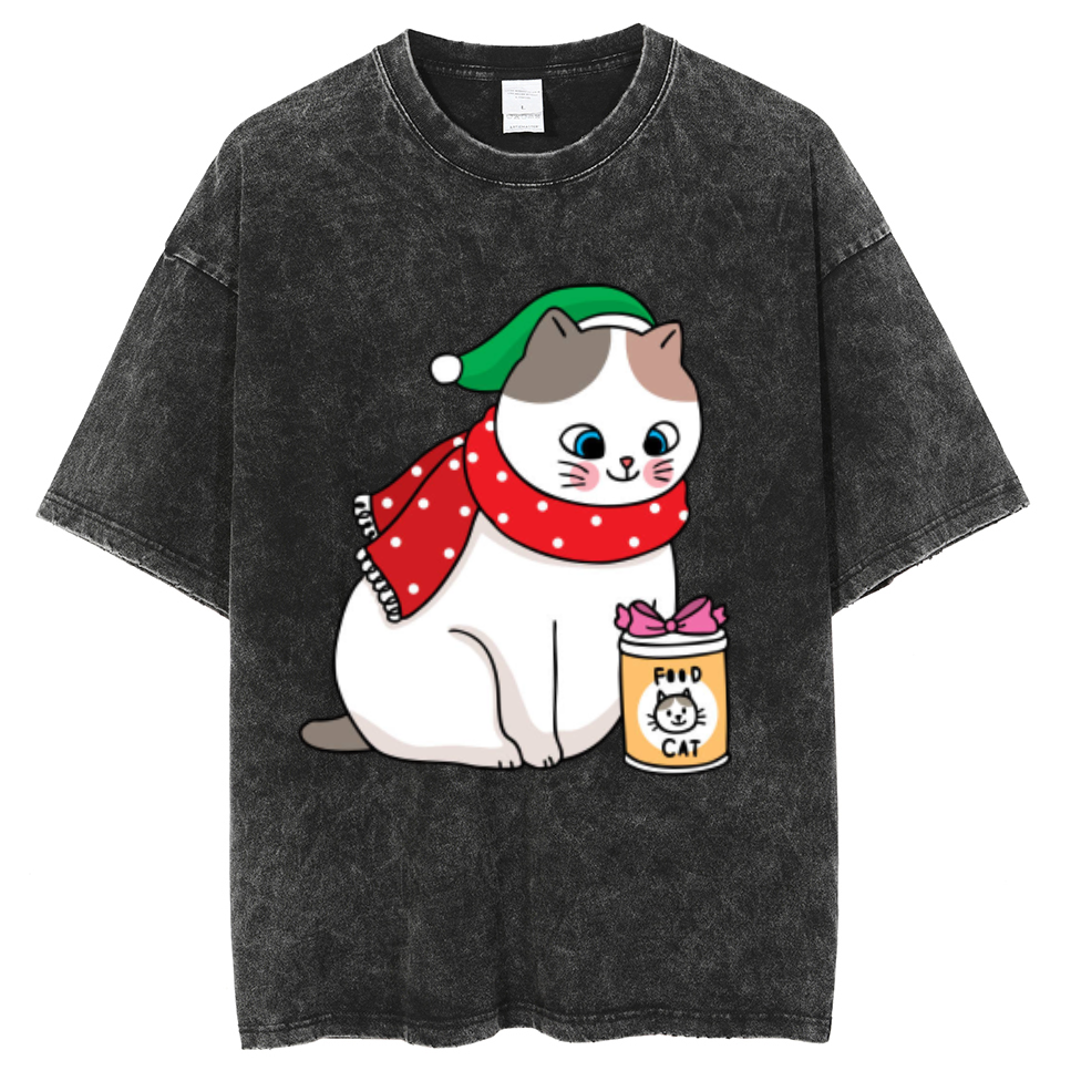 Muchic Cat Food Unisex Printed Retro Washed Short Sleeved T-Shirt