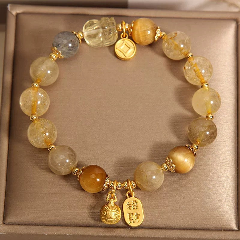 Golden Rutilated Quartz & Tiger Eye Bracelet for Wealth & Confidence
