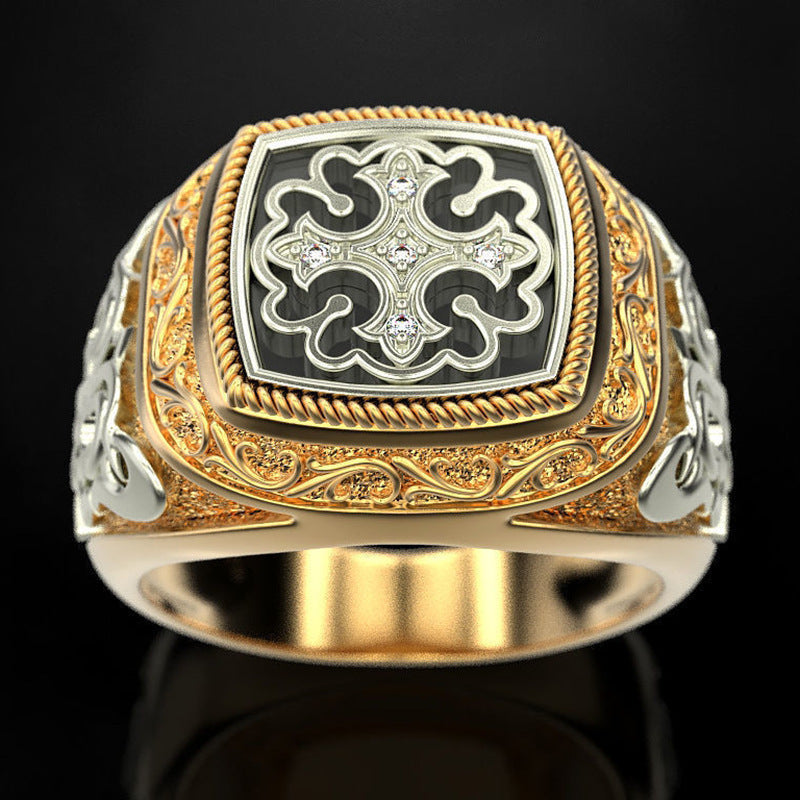 Bold Vintage Signet Ring – Engraved Gold & Black Steel