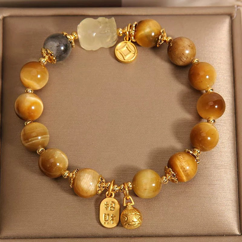 Golden Rutilated Quartz & Tiger Eye Bracelet for Wealth & Confidence