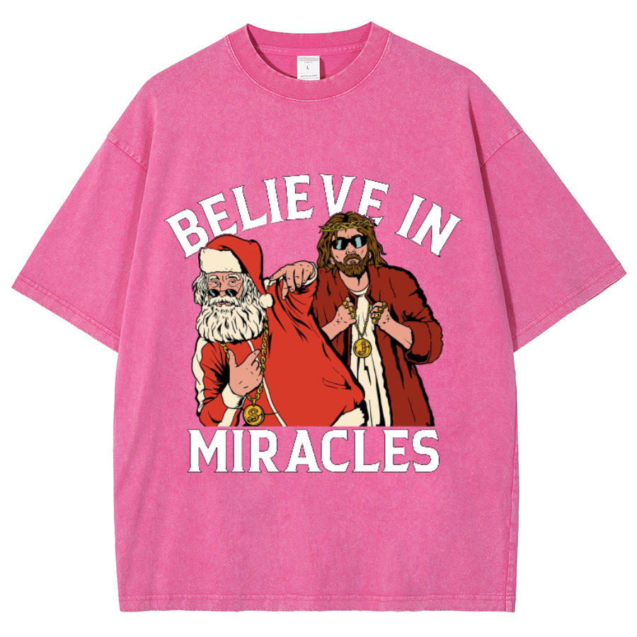 Muchic Believe In Miracles Unisex Oversized Print Vintage Wash Denim T-Shirt