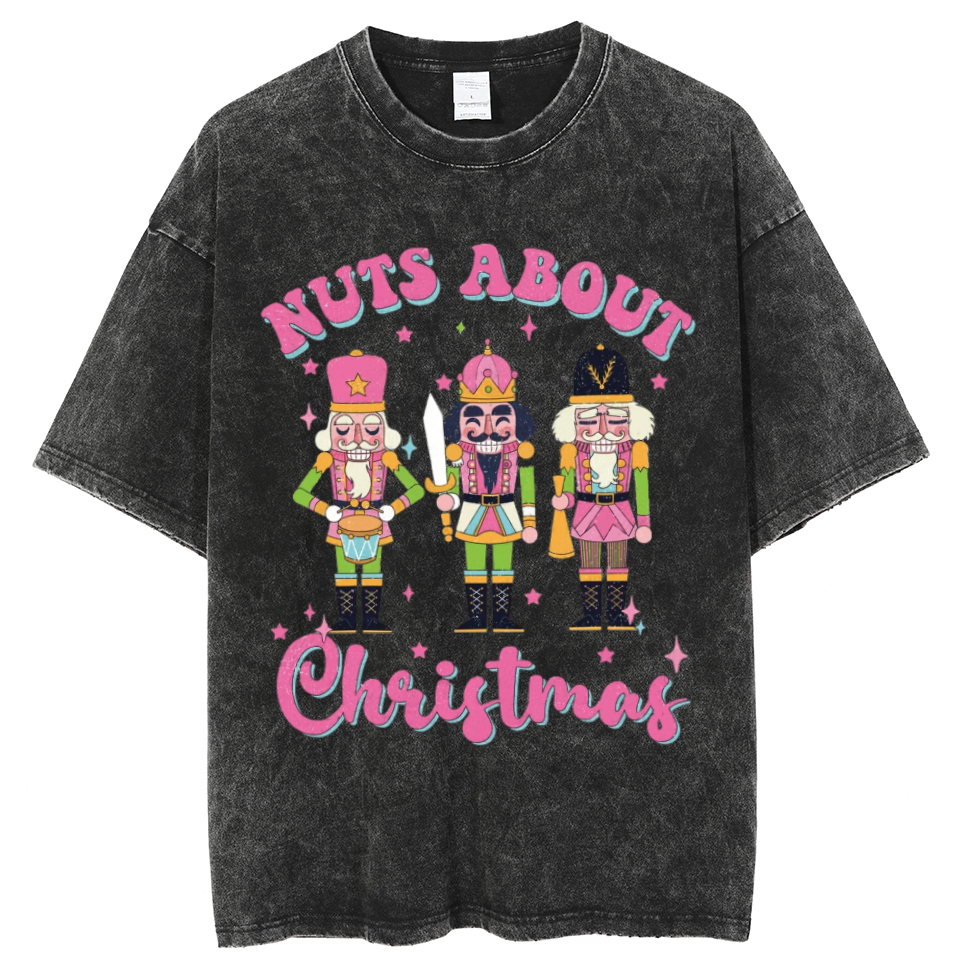 Muchic Nuts About Christmas Unisex Oversized Print Vintage Wash Denim T-Shirt