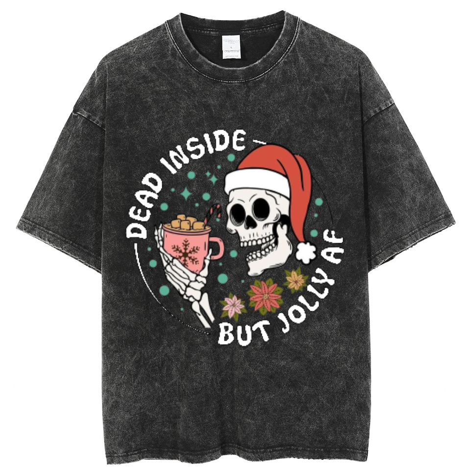 Muchic Dead Inside But Jolly Af Unisex Oversized Print Vintage Wash Denim T-Shirt