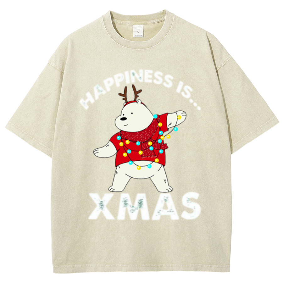 Muchic Happiness Is Xmas Unisex Oversized Print Vintage Wash Denim T-Shirt