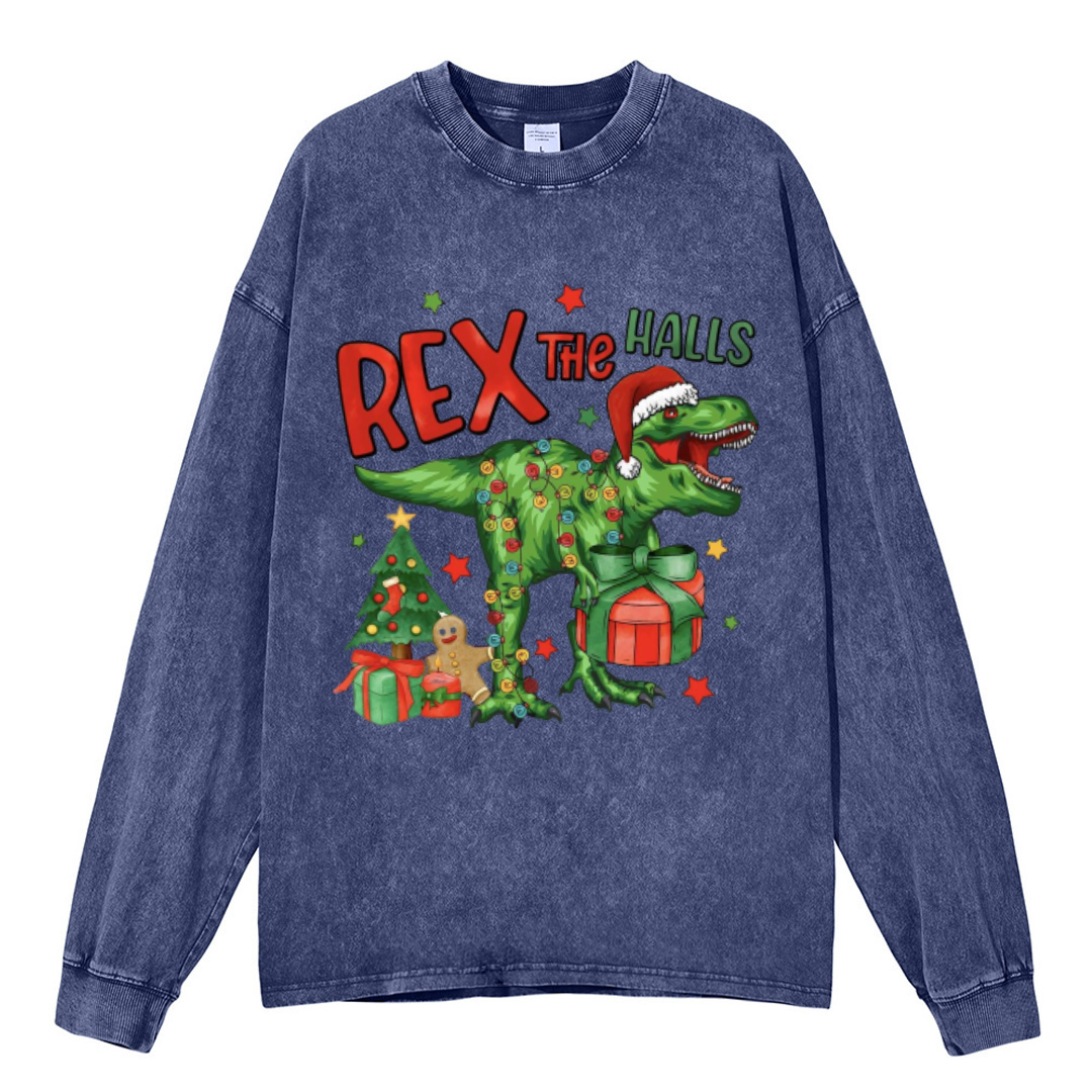 Muchic Rex The Halls Unisex Casual Washed Printed Round Neck Long Sleeve T-shirt