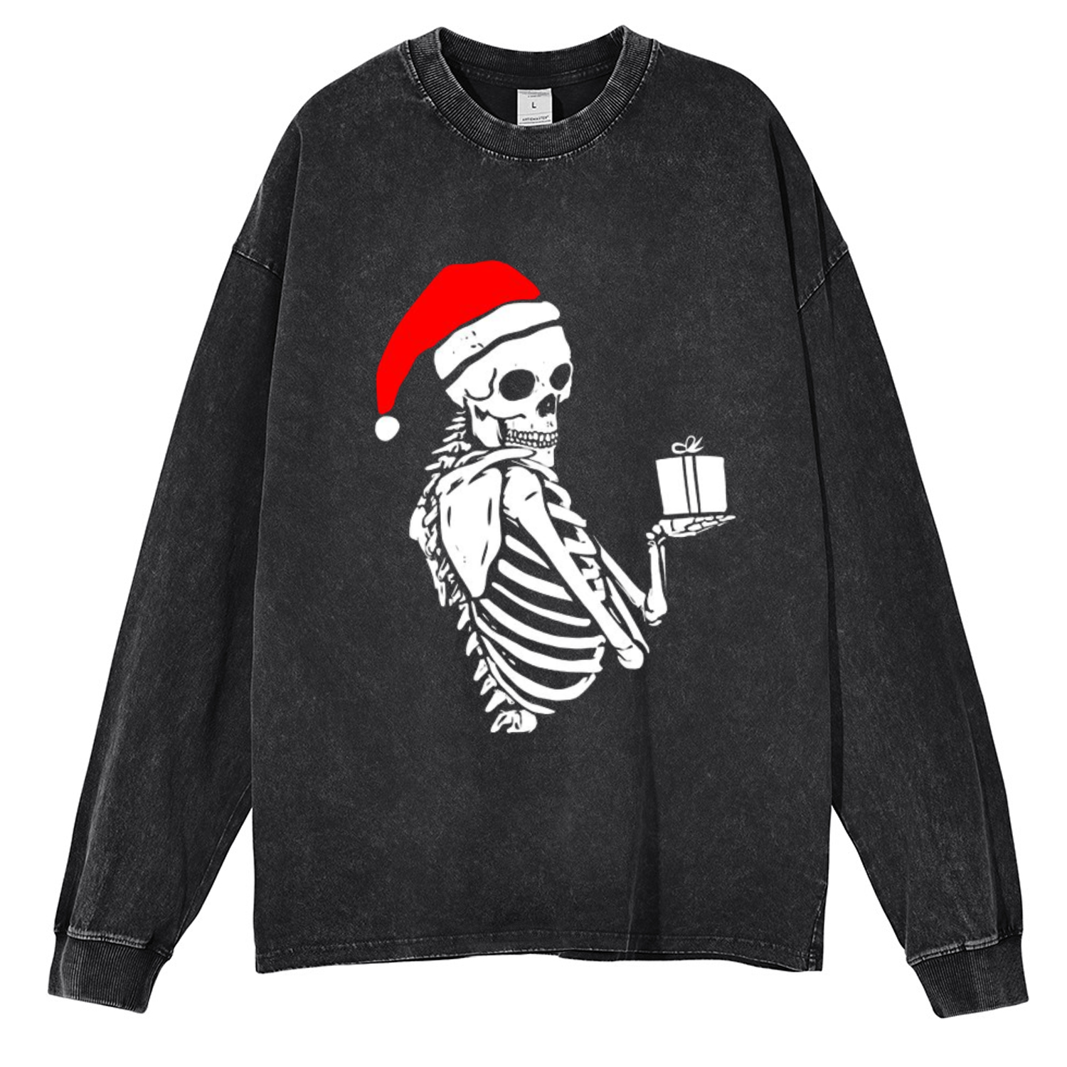 Muchic Christmas Skeleton Unisex Casual Washed Printed Round Neck Long Sleeve T-shirt