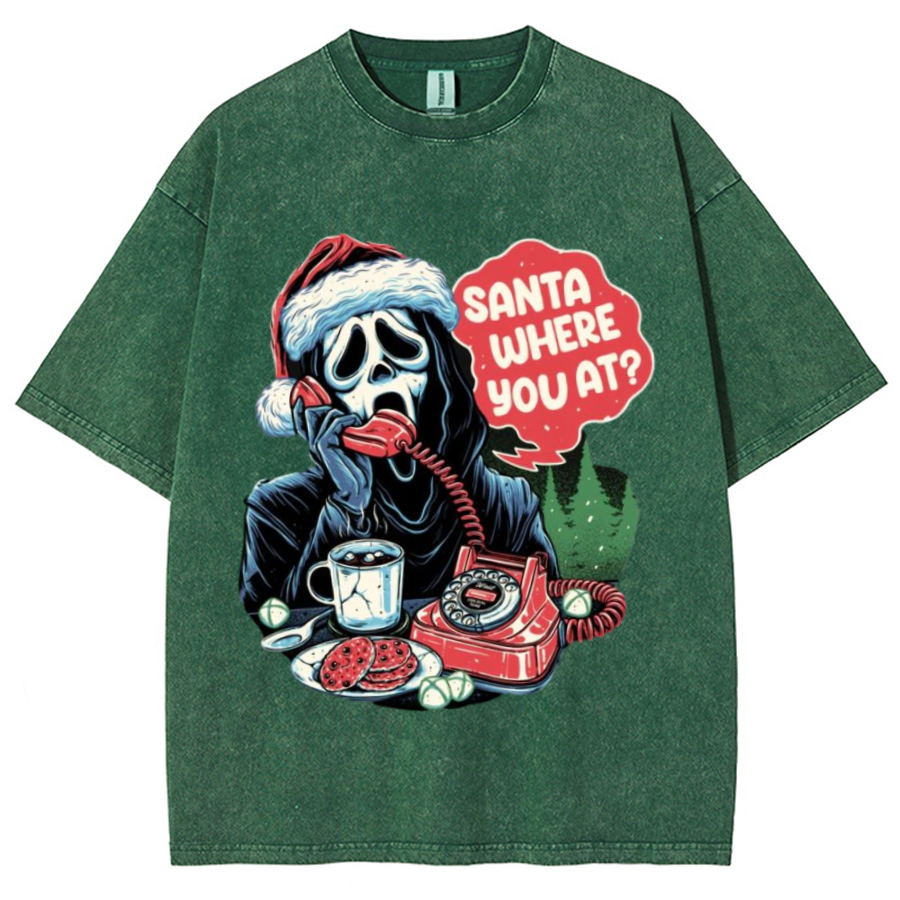 Muchic Santa Where You At Unisex Printed Retro Washed Short Sleeved T-Shirt