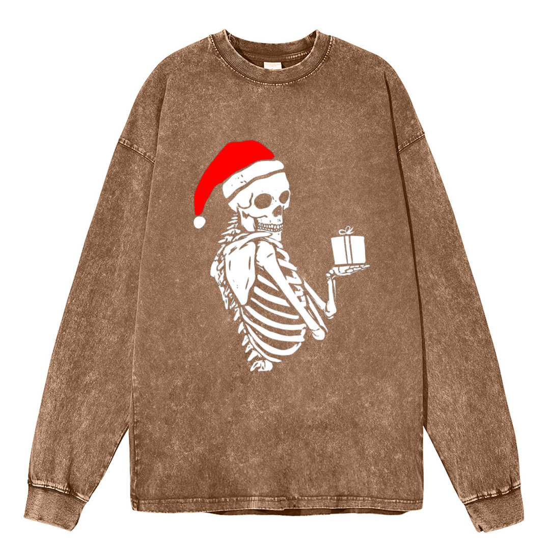 Muchic Christmas Skeleton Unisex Casual Washed Printed Round Neck Long Sleeve T-shirt