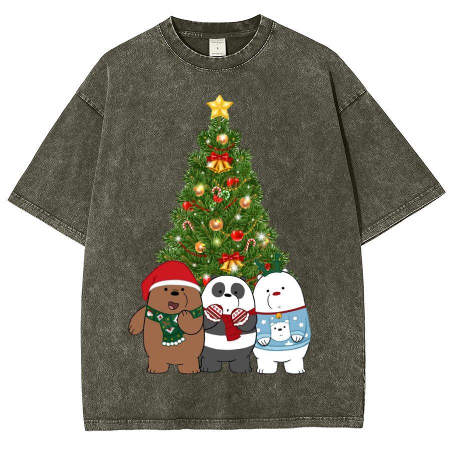 Muchic Bear Christmas Unisex Oversized Print Vintage Wash Denim T-Shirt