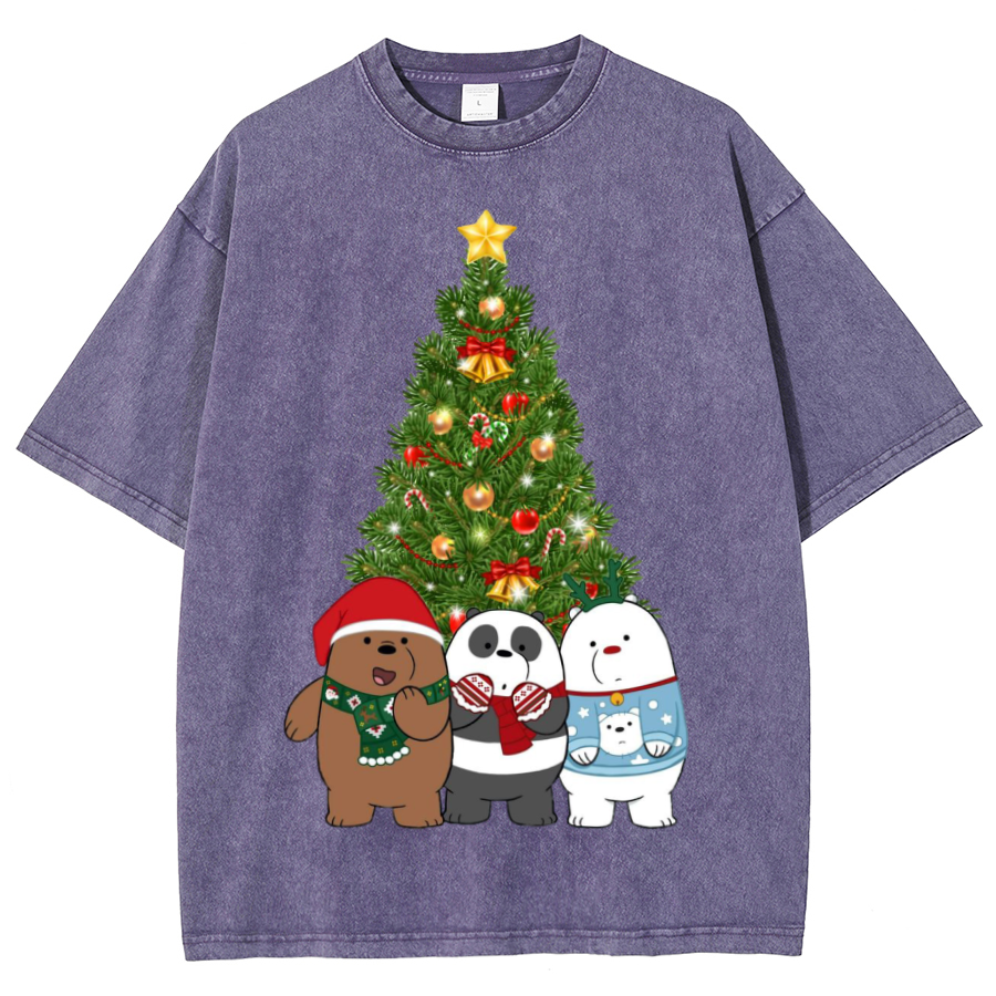 Muchic Bear Christmas Unisex Oversized Print Vintage Wash Denim T-Shirt