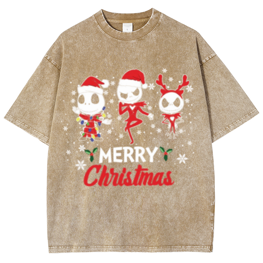 Muchic Merry Christmas Unisex Oversized Print Vintage Wash Denim T-Shirt