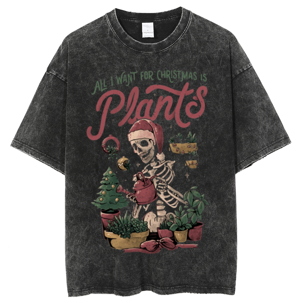 Muchic Christmas Plants Unisex Oversized Print Vintage Wash Denim T-Shirt