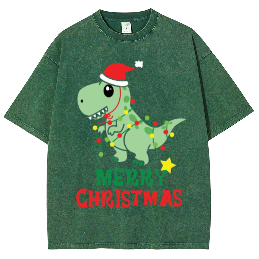 Muchic Merry Christmas Unisex Oversized Print Vintage Wash Denim T-Shirt