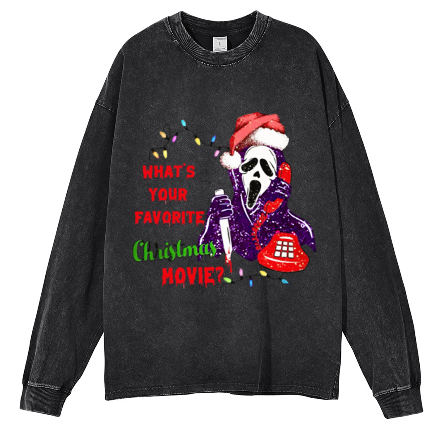 Muchic Christmas Movie Unisex Casual Washed Printed Round Neck Long Sleeve T-shirt