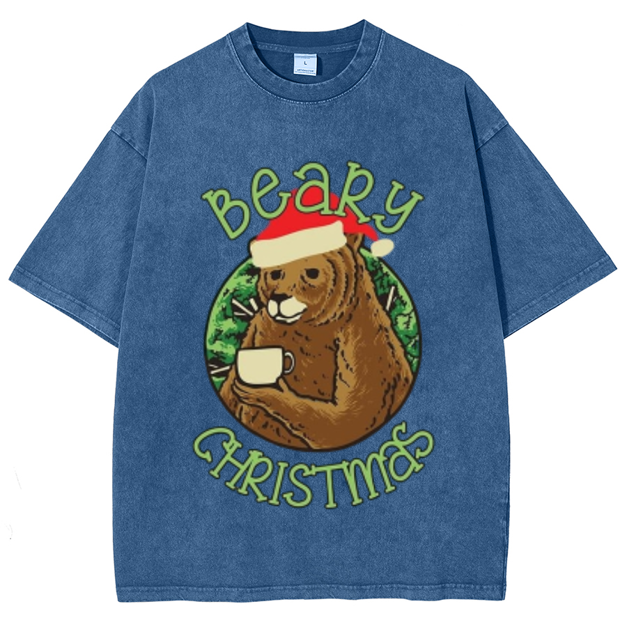 Muchic Beary Christmas Unisex Oversized Print Vintage Wash Denim T-Shirt