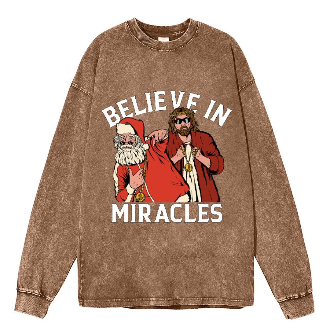 Muchic Believe In Miracles Unisex Casual Washed Printed Round Neck Long Sleeve T-shirt