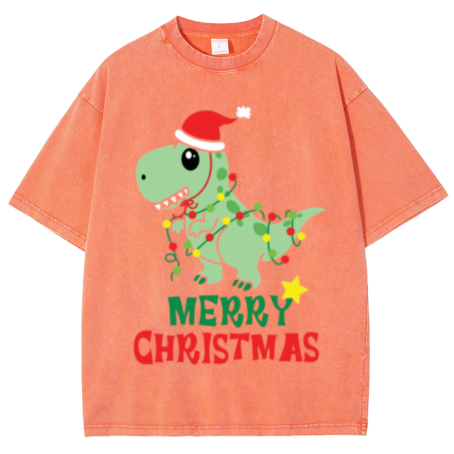 Muchic Merry Christmas Unisex Oversized Print Vintage Wash Denim T-Shirt