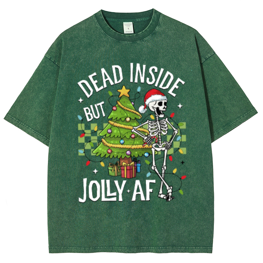 Muchic Dead Inside But Jolly Af Unisex Oversized Print Vintage Wash Denim T-Shirt