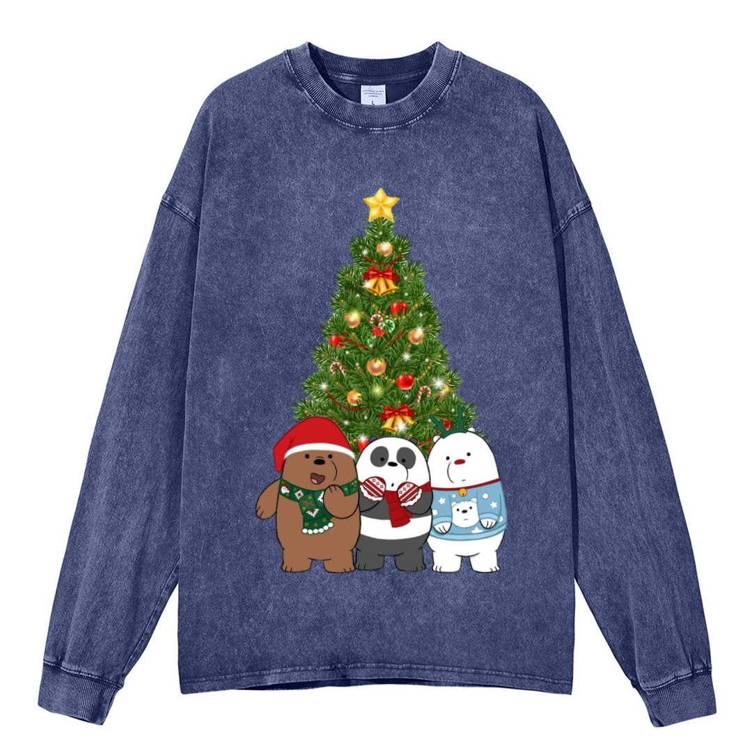 Muchic Bear Christmas Unisex Casual Washed Printed Round Neck Long Sleeve T-shirt