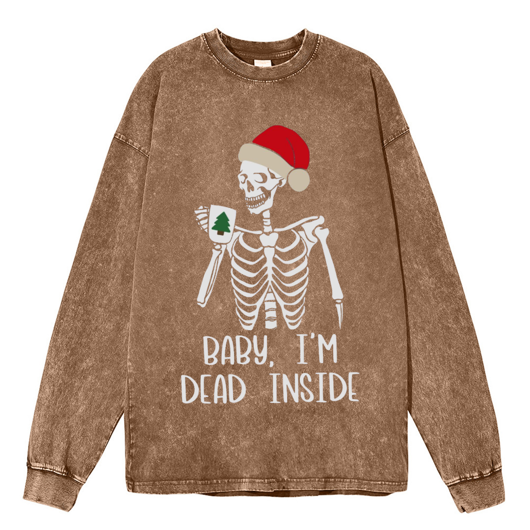 Muchic Dead Inside Unisex Casual Washed Printed Round Neck Long Sleeve T-shirt