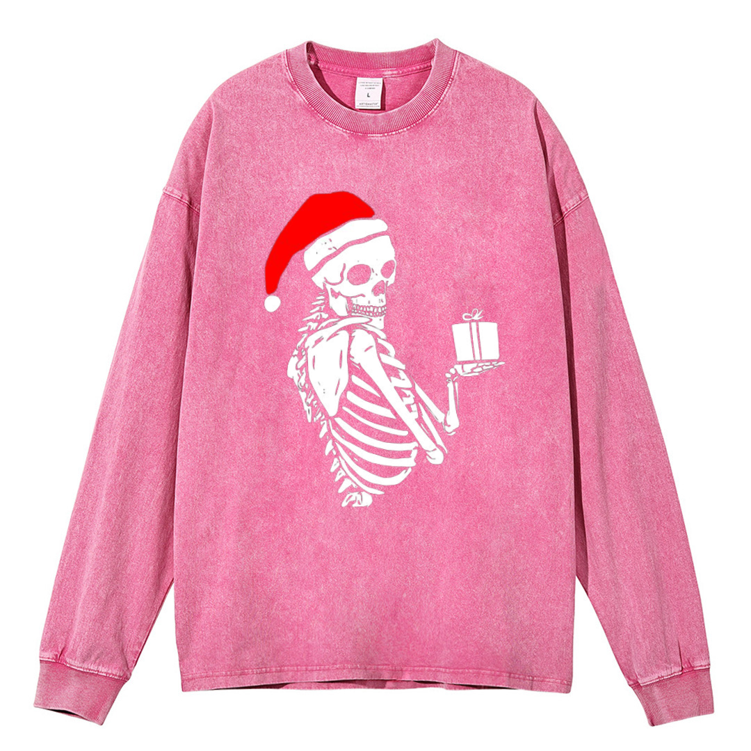 Muchic Christmas Skeleton Unisex Casual Washed Printed Round Neck Long Sleeve T-shirt