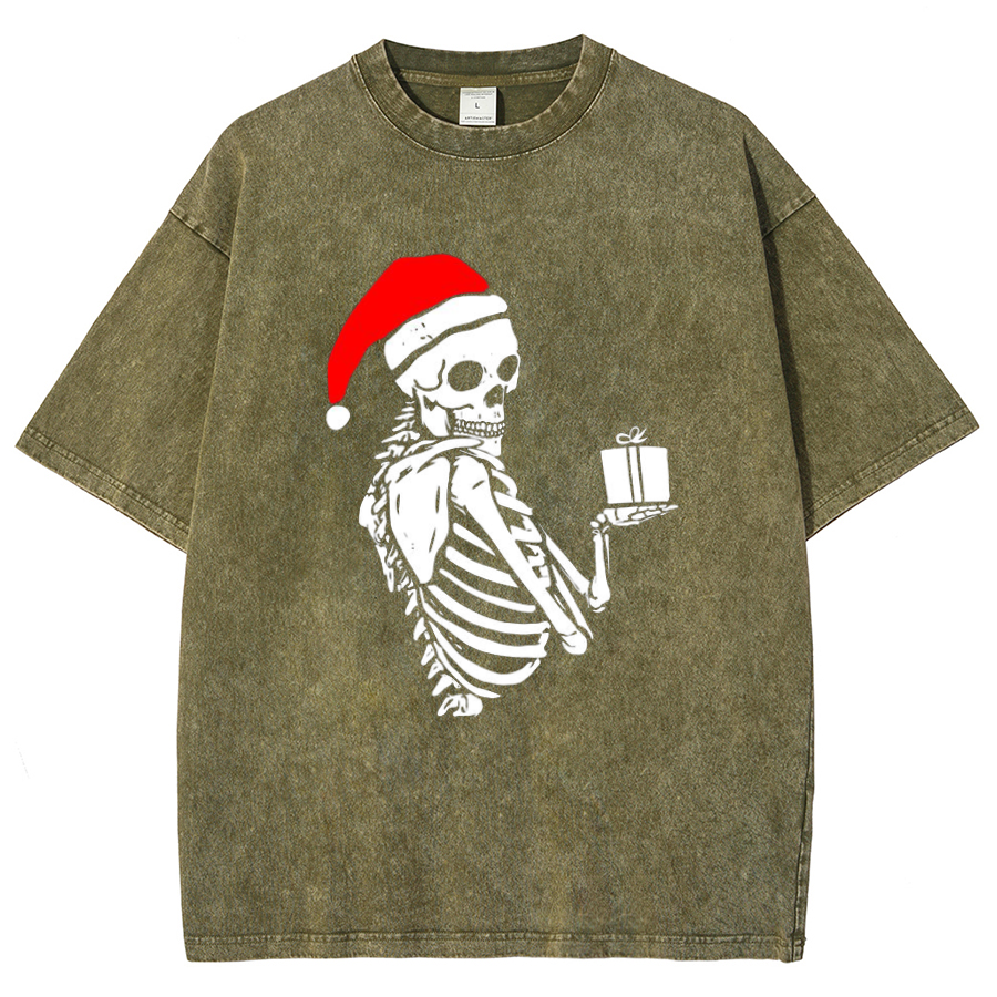 Muchic Christmas Skeleton Unisex Oversized Print Vintage Wash Denim T-Shirt