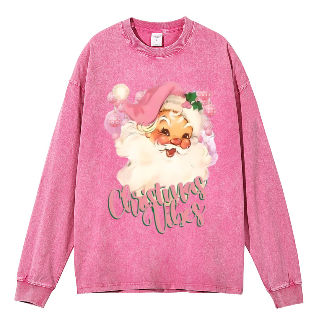 Muchic Christmas Vibes Unisex Casual Washed Printed Round Neck Long Sleeve T-shirt