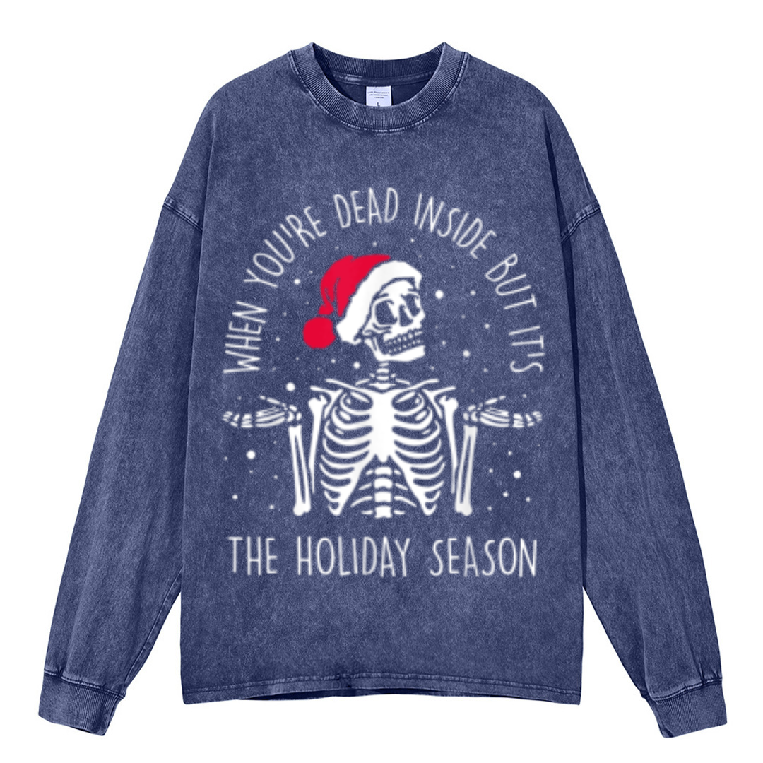 Muchic The Holiday Season Unisex Casual Washed Printed Round Neck Long Sleeve T-shirt