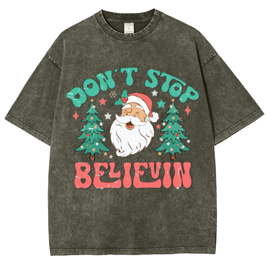 Muchic Dont Stop Believin Unisex Oversized Print Vintage Wash Denim T-Shirt