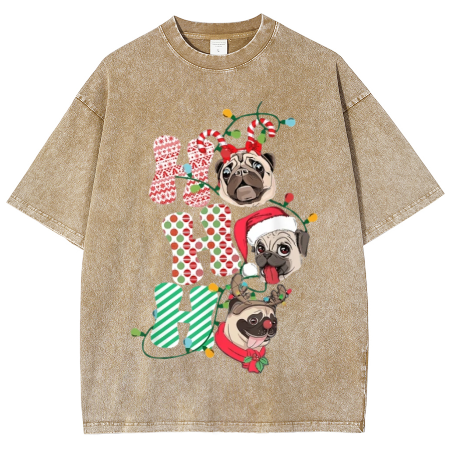 Muchic Pug Christmas Unisex Oversized Print Vintage Wash Denim T-Shirt