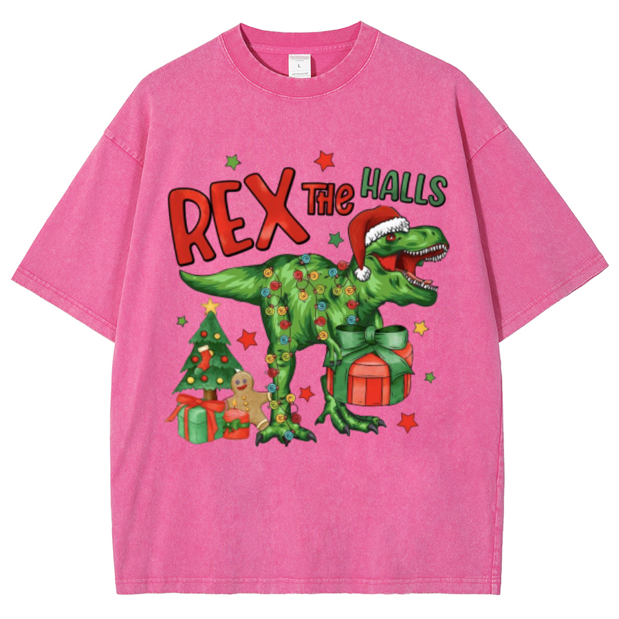 Muchic Rex The Halls Unisex Oversized Print Vintage Wash Denim T-Shirt