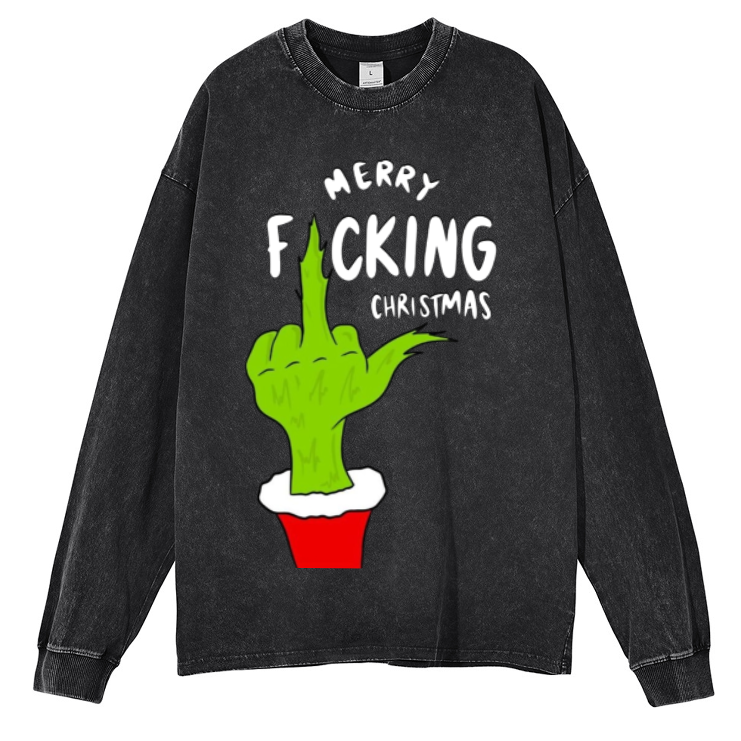 Muchic Merry Fucking Christmas Unisex Casual Washed Printed Round Neck Long Sleeve T-shirt