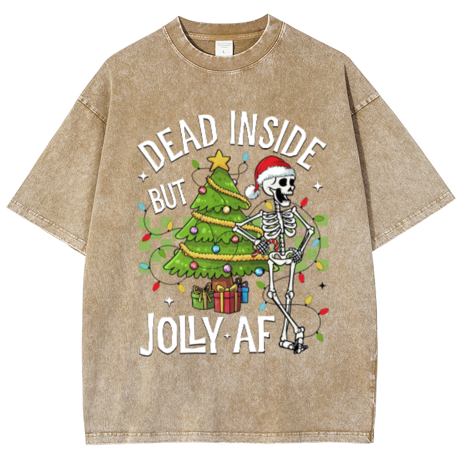 Muchic Dead Inside But Jolly Af Unisex Oversized Print Vintage Wash Denim T-Shirt