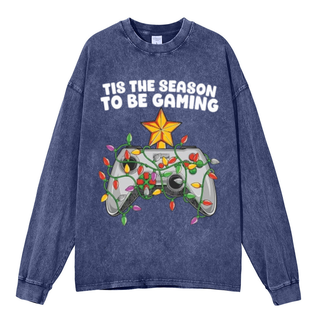 Muchic To Be Gaming Unisex Casual Washed Printed Round Neck Long Sleeve T-shirt