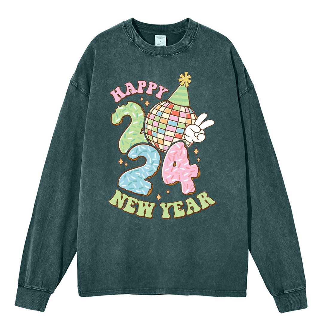 Muchic Unisex Casual Washed Happy New Year Printed Round Neck Long Sleeve T-shirt