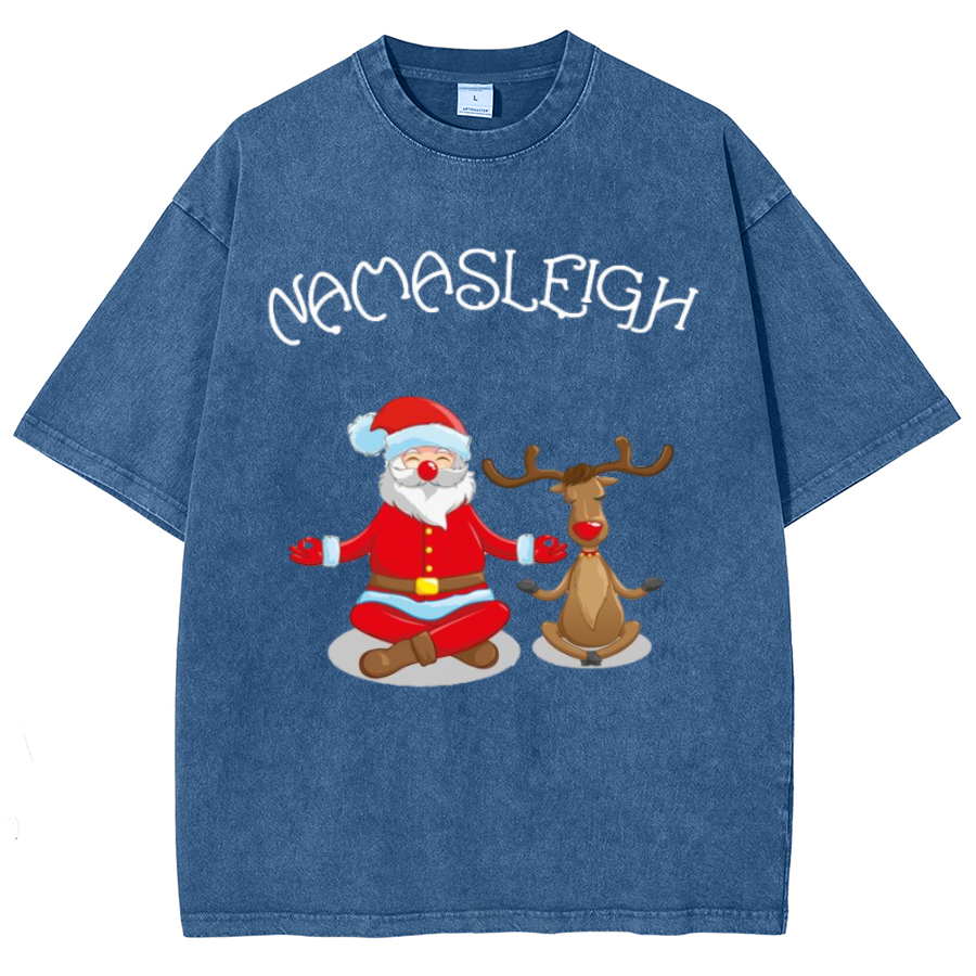 Muchic Nama Sleigh Unisex Oversized Print Vintage Wash Denim T-Shirt