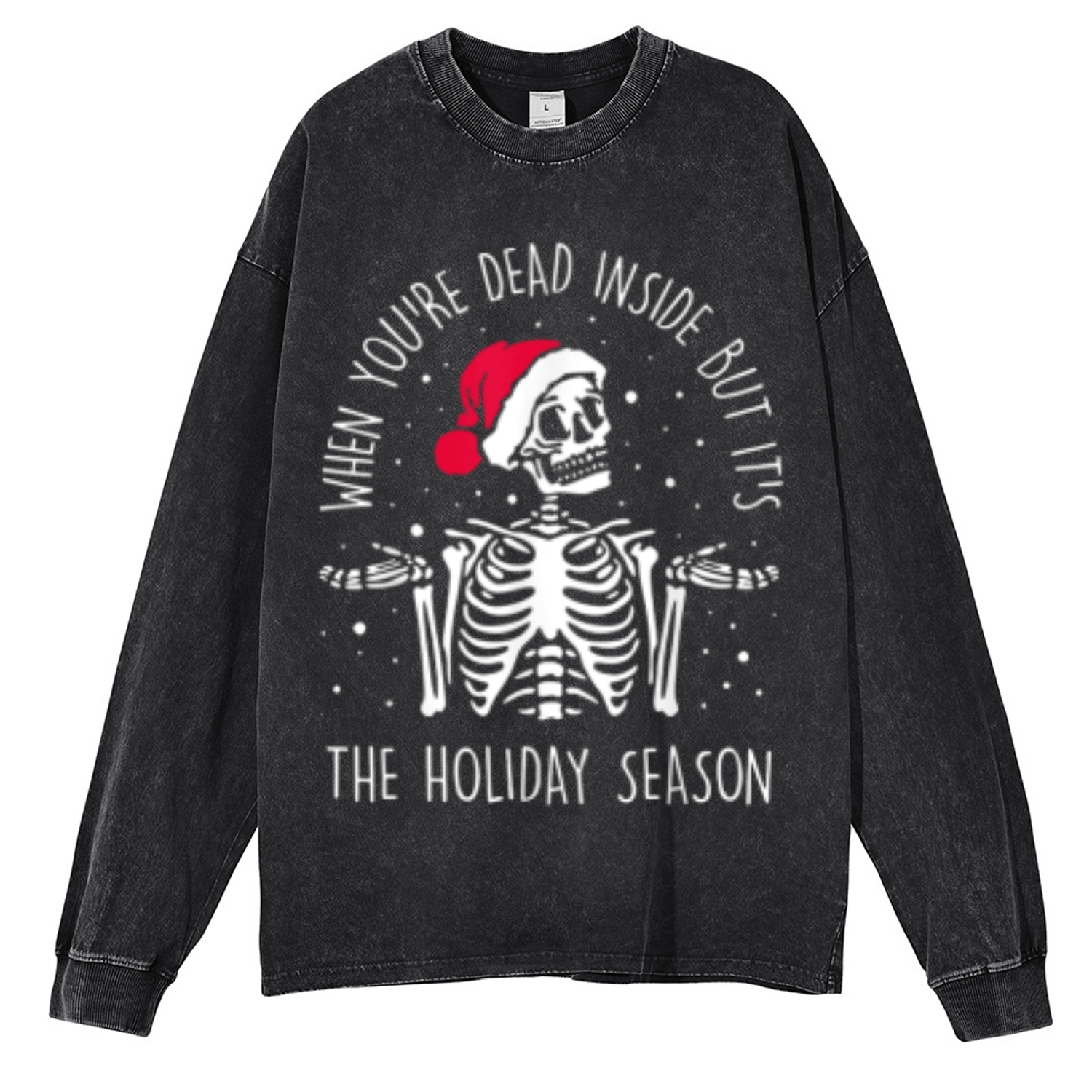 Muchic The Holiday Season Unisex Casual Washed Printed Round Neck Long Sleeve T-shirt