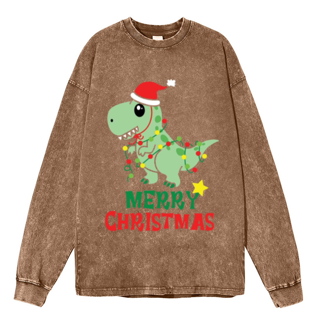 Muchic Merry Christmas Unisex Casual Washed Printed Round Neck Long Sleeve T-shirt