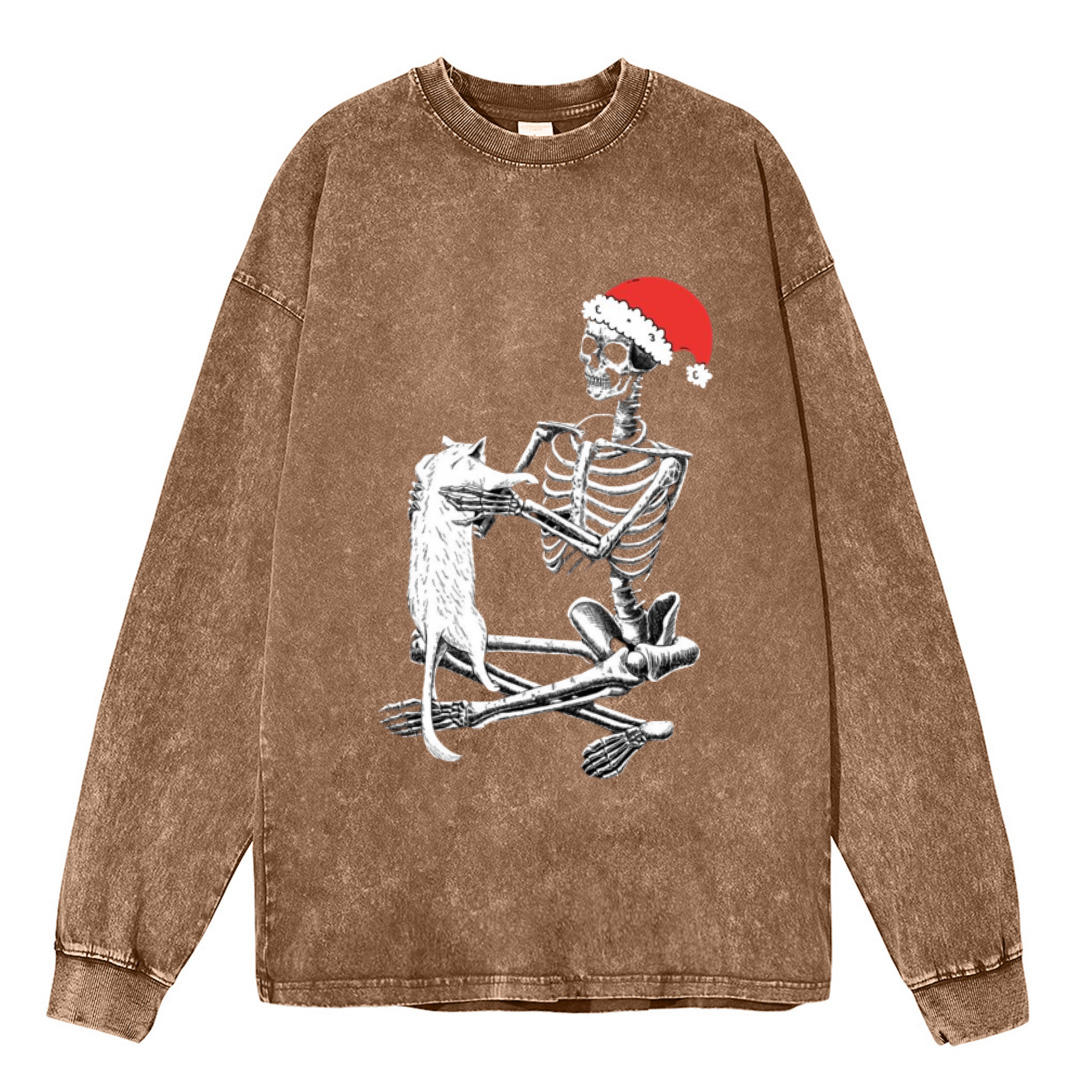 Muchic Christmas Skeleton And Cat Unisex Casual Washed Printed Round Neck Long Sleeve T-shirt