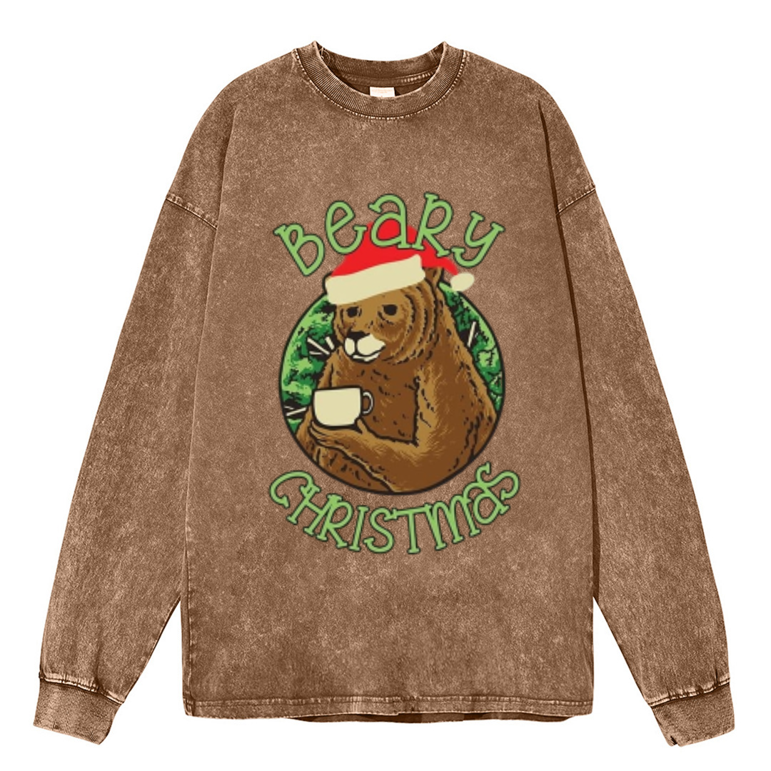 Muchic Beary Christmas Unisex Casual Washed Printed Round Neck Long Sleeve T-shirt