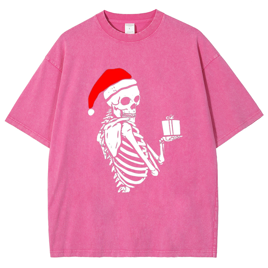 Muchic Christmas Skeleton Unisex Oversized Print Vintage Wash Denim T-Shirt