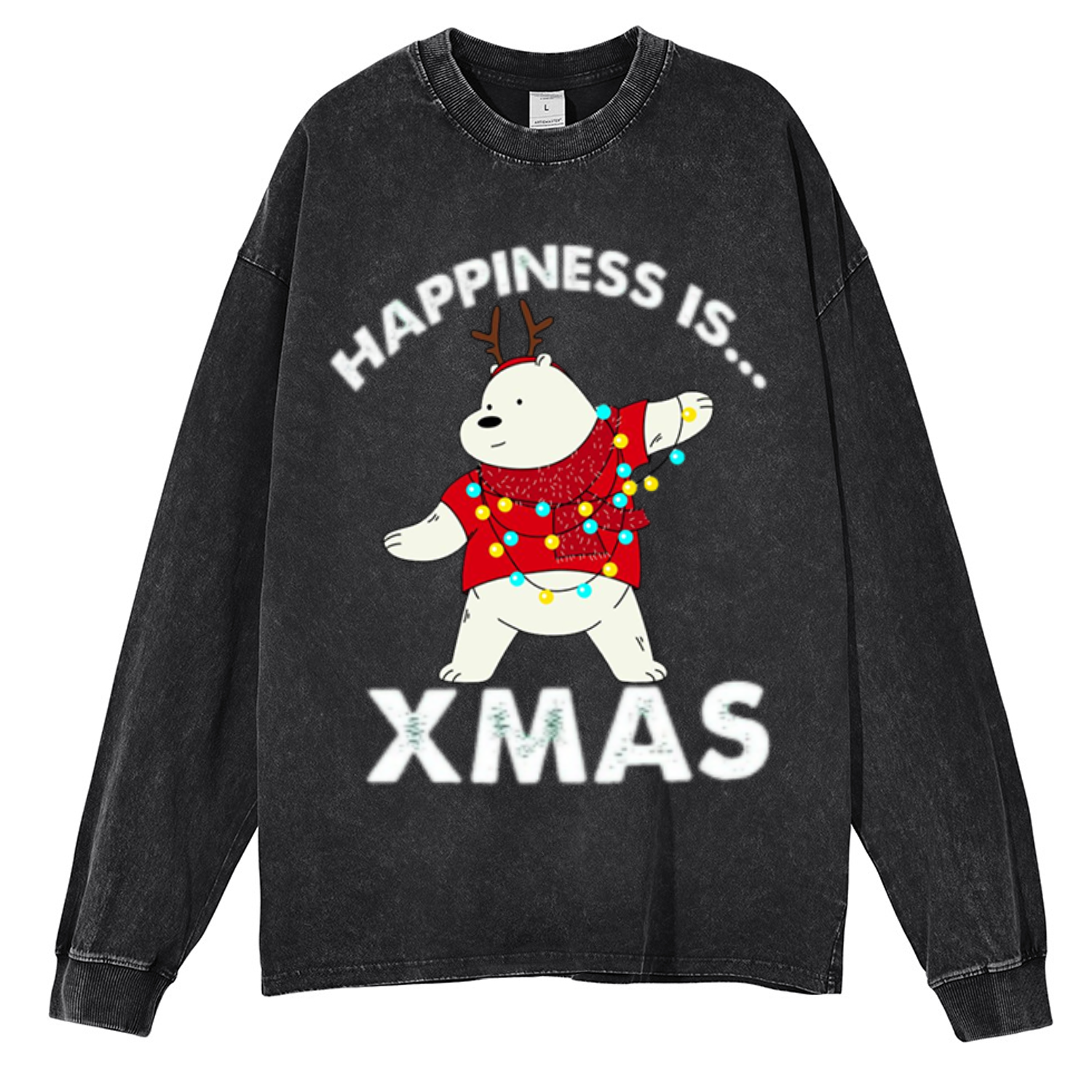 Muchic Happiness Is Xmas Unisex Casual Washed Printed Round Neck Long Sleeve T-shirt